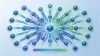 A glowing central content hub sends blue and green arrows to social media icons, illustrating digital marketing content distribution across channels.