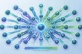 A glowing central content hub sends blue and green arrows to social media icons, illustrating digital marketing content distribution across channels.