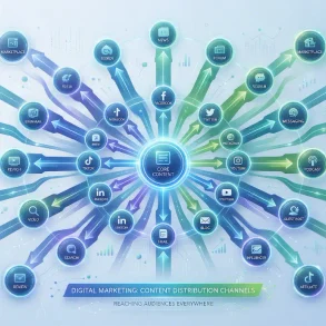 A glowing central content hub sends blue and green arrows to social media icons, illustrating digital marketing content distribution across channels.
