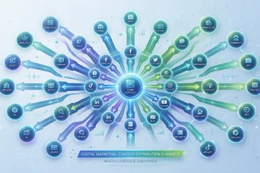 A glowing central content hub sends blue and green arrows to social media icons, illustrating digital marketing content distribution across channels.