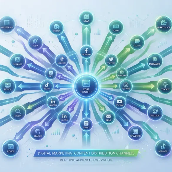 A glowing central content hub sends blue and green arrows to social media icons, illustrating digital marketing content distribution across channels.