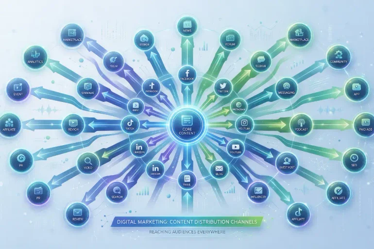 A glowing central content hub sends blue and green arrows to social media icons, illustrating digital marketing content distribution across channels.