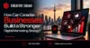 Creative Squad ad promoting a Canadian business digital marketing strategy, with Toronto’s skyline, a laptop showing rising charts, and bold red graphics.