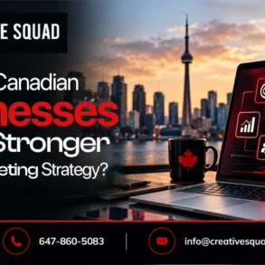 Creative Squad ad promoting a Canadian business digital marketing strategy, with Toronto’s skyline, a laptop showing rising charts, and bold red graphics.