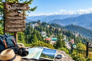 A wooden Dalhousie sign lists nearby sights above a map, guidebook, compass, hat, and backpack, overlooking a sunny mountain town and snow-capped Himalayas.