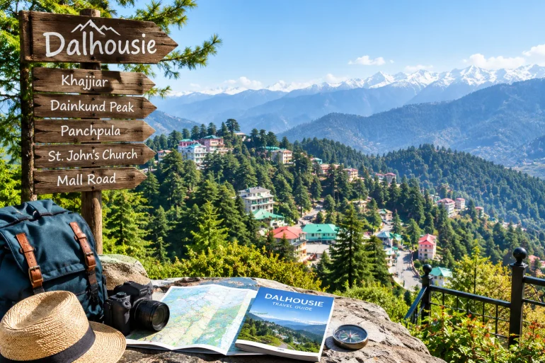 A wooden Dalhousie sign lists nearby sights above a map, guidebook, compass, hat, and backpack, overlooking a sunny mountain town and snow-capped Himalayas.