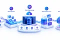 A glowing blue-white AI data pipeline links raw data, ingestion, engineering, optimized AI, and business insights, conveying a clean, futuristic tone.