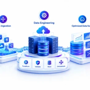 A glowing blue-white AI data pipeline links raw data, ingestion, engineering, optimized AI, and business insights, conveying a clean, futuristic tone.