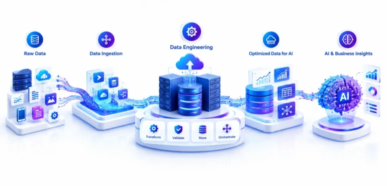 A glowing blue-white AI data pipeline links raw data, ingestion, engineering, optimized AI, and business insights, conveying a clean, futuristic tone.