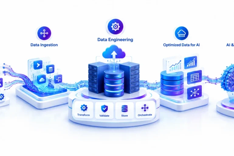 A glowing blue-white AI data pipeline links raw data, ingestion, engineering, optimized AI, and business insights, conveying a clean, futuristic tone.