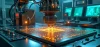 A robotic precision head sends golden sparks across a circuit board in a high-tech lab, with teal monitors creating a focused, futuristic mood.