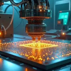 A robotic precision head sends golden sparks across a circuit board in a high-tech lab, with teal monitors creating a focused, futuristic mood.