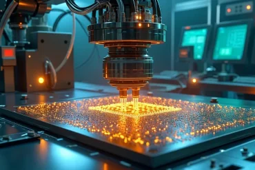 A robotic precision head sends golden sparks across a circuit board in a high-tech lab, with teal monitors creating a focused, futuristic mood.