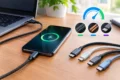 A smartphone displays a charging icon beside a laptop and USB cables, with a speed gauge graphic suggesting fast charging in a neat, modern workspace.