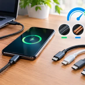 A smartphone displays a charging icon beside a laptop and USB cables, with a speed gauge graphic suggesting fast charging in a neat, modern workspace.
