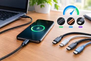 A smartphone displays a charging icon beside a laptop and USB cables, with a speed gauge graphic suggesting fast charging in a neat, modern workspace.