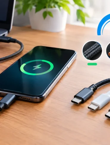 A smartphone displays a charging icon beside a laptop and USB cables, with a speed gauge graphic suggesting fast charging in a neat, modern workspace.