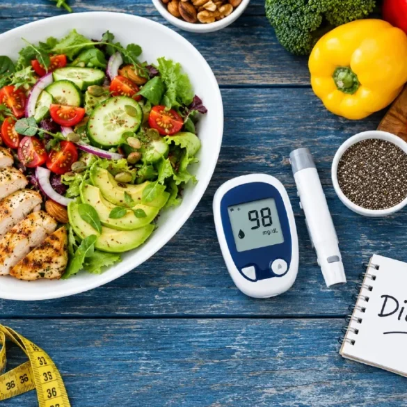 Chicken and avocado salad, fresh vegetables, a glucose meter reading 98, measuring tape, and a “Diabetes” notebook suggest mindful diabetes care.