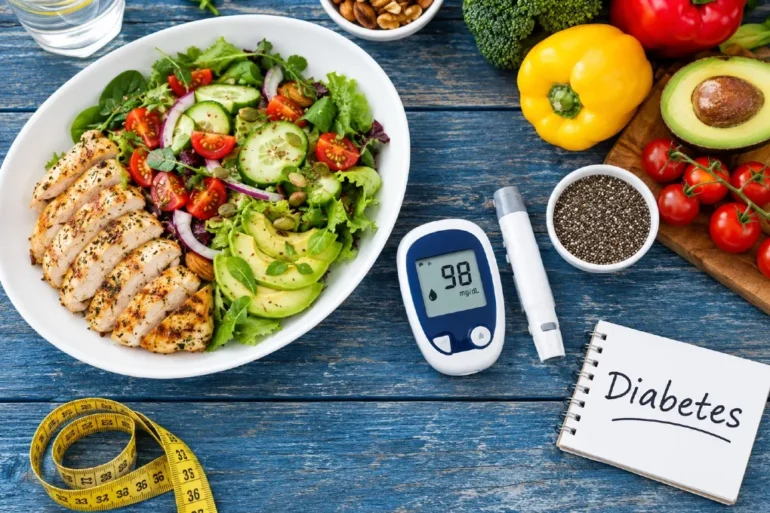 Chicken and avocado salad, fresh vegetables, a glucose meter reading 98, measuring tape, and a “Diabetes” notebook suggest mindful diabetes care.