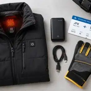 Heated jacket with battery pack and charging cable laid out for work and travel