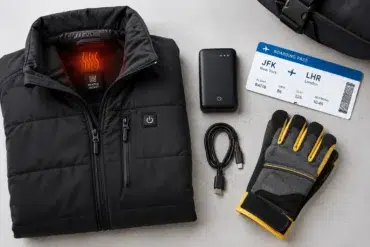 Heated jacket with battery pack and charging cable laid out for work and travel