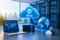 Blue IPv4 cloud connects server racks, a world-map laptop, glowing globe, and phones in a bright data center, suggesting global network connectivity.
