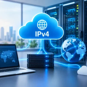 Blue IPv4 cloud connects server racks, a world-map laptop, glowing globe, and phones in a bright data center, suggesting global network connectivity.