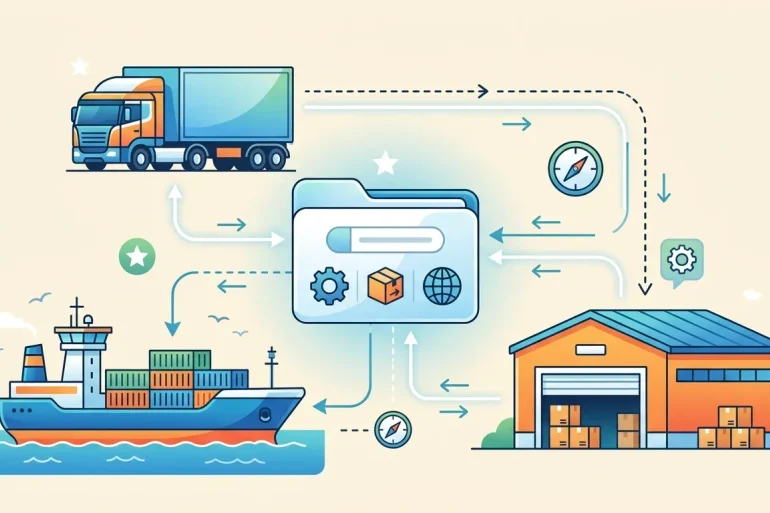 Icons of a truck, warehouse, and cargo ship representing logistics business categories