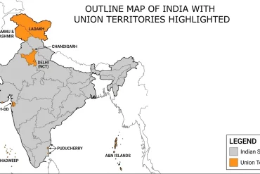 Outline map of India showing state boundaries in gray and union territories in orange, including Ladakh, Delhi, Chandigarh, and island territories.