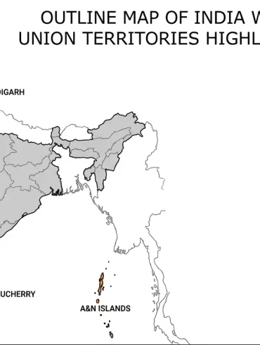 Outline map of India showing state boundaries in gray and union territories in orange, including Ladakh, Delhi, Chandigarh, and island territories.