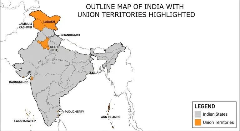 Outline map of India showing state boundaries in gray and union territories in orange, including Ladakh, Delhi, Chandigarh, and island territories.