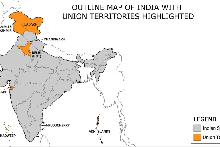 Outline map of India showing state boundaries in gray and union territories in orange, including Ladakh, Delhi, Chandigarh, and island territories.