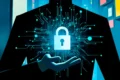 A suited figure holds a glowing padlock amid turquoise circuit-board lines, symbolizing cybersecurity, data protection, and secure digital systems. The mood is futuristic and reassuring.