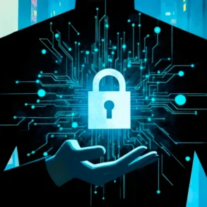 A suited figure holds a glowing padlock amid turquoise circuit-board lines, symbolizing cybersecurity, data protection, and secure digital systems. The mood is futuristic and reassuring.