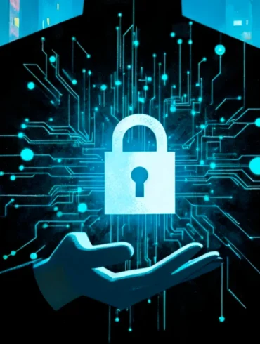 A suited figure holds a glowing padlock amid turquoise circuit-board lines, symbolizing cybersecurity, data protection, and secure digital systems. The mood is futuristic and reassuring.