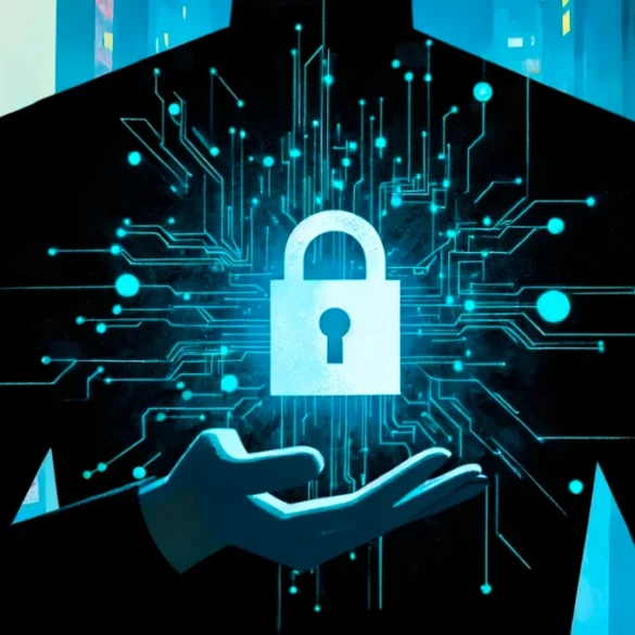 A suited figure holds a glowing padlock amid turquoise circuit-board lines, symbolizing cybersecurity, data protection, and secure digital systems. The mood is futuristic and reassuring.