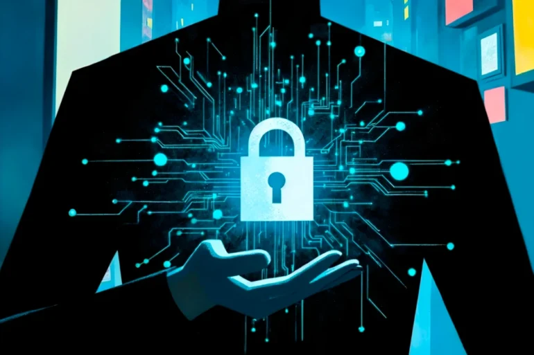 A suited figure holds a glowing padlock amid turquoise circuit-board lines, symbolizing cybersecurity, data protection, and secure digital systems. The mood is futuristic and reassuring.