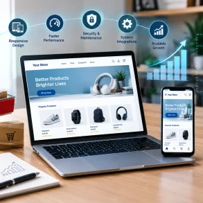 E-commerce website shown on a laptop and phone beside a shopping cart and packages, with icons highlighting seamless shopping, security, integrations, analytics, and scalable growth.