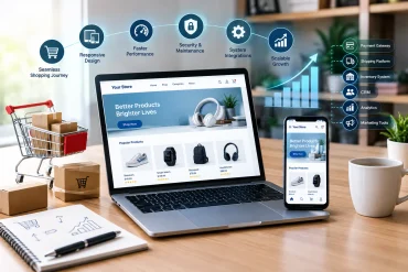 E-commerce website shown on a laptop and phone beside a shopping cart and packages, with icons highlighting seamless shopping, security, integrations, analytics, and scalable growth.