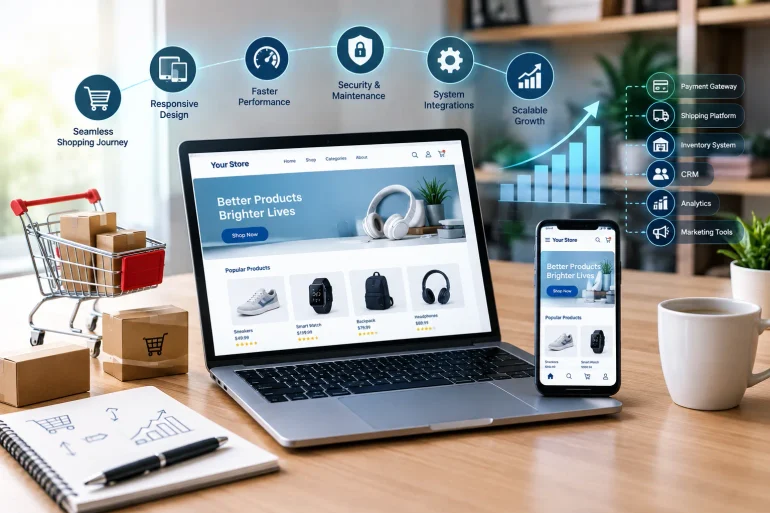 E-commerce website shown on a laptop and phone beside a shopping cart and packages, with icons highlighting seamless shopping, security, integrations, analytics, and scalable growth.