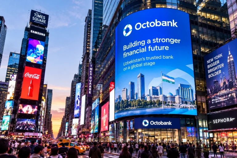 A giant blue Octobank billboard promotes a stronger financial future above bustling Times Square, where crowds and glowing signs create an energetic city scene.