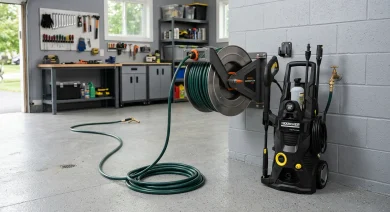 all-mounted steel hose reel with a pressure washer hose partly pulled out.