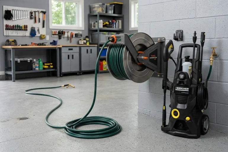 all-mounted steel hose reel with a pressure washer hose partly pulled out.