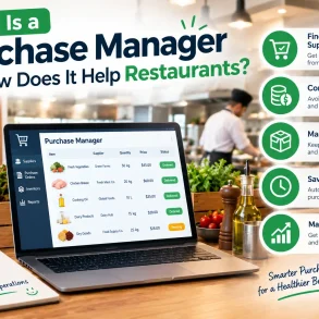 Infographic in a bustling restaurant kitchen shows a laptop with purchase-management software beside fresh produce, explaining how it helps restaurants find suppliers, control costs, track inventory, save time, and make better decisions. The tone is practical and upbeat.