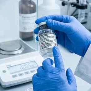 In a bright laboratory, blue-gloved hands hold and point to a labeled chemical bottle beside a digital scale, conveying careful, precise work.