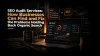 SEO audit services graphic shows a laptop with analytics and rising traffic charts beside a “FIX” sign, highlighting how businesses can resolve issues and improve organic search.