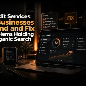 SEO audit services graphic shows a laptop with analytics and rising traffic charts beside a “FIX” sign, highlighting how businesses can resolve issues and improve organic search.