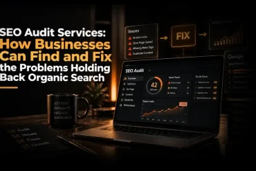 SEO audit services graphic shows a laptop with analytics and rising traffic charts beside a “FIX” sign, highlighting how businesses can resolve issues and improve organic search.