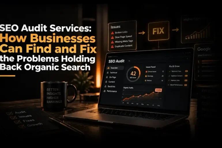 SEO audit services graphic shows a laptop with analytics and rising traffic charts beside a “FIX” sign, highlighting how businesses can resolve issues and improve organic search.