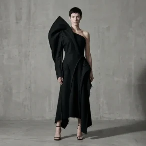 Model wearing a sculptural asymmetric black garment in a minimal studio setting